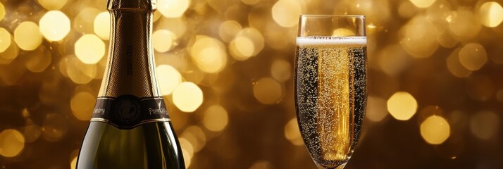 Celebrating a special occasion with a bottle of champagne and a flute of sparkling wine against a festive golden background. Generative AI