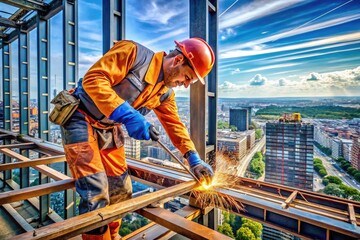 Skilled Ironworker Engaged in Metal Fabrication and Construction at a High-Rise Building Site