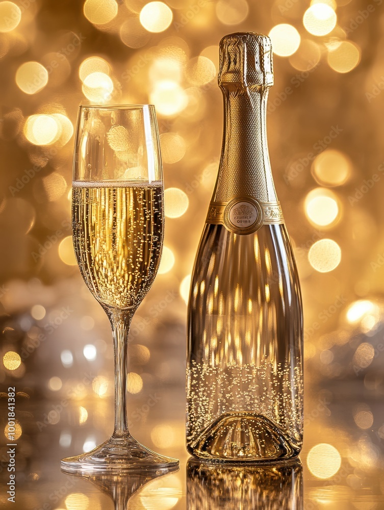 Poster celebrating a joyful occasion with a bottle of champagne and a flute of sparkling wine against a shi