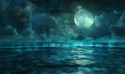 
A beautiful night sea with a full moon and clouds, turquoise water, glowing lights under the waves in a fantasy, dreamy style