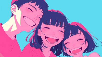 three people with black hair and long straight bangs, laughing and smiling against a light blue background