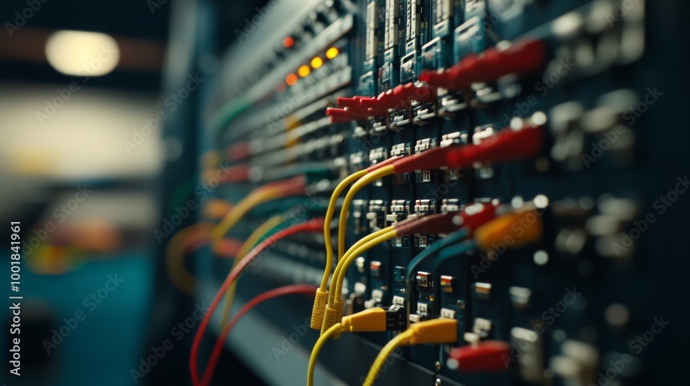 Poster a network switch displays an array of neatly connected colored cables, emphasizing technology and di