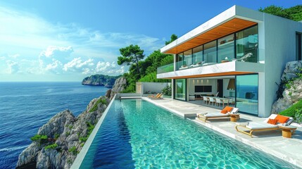 Fototapeta premium A luxury cliffside villa with a swimming pool, a dining table, high ceilings, large windows overlooking the ocean and the sky, and a modern living room with a bar and loungers