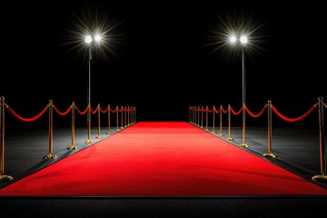A luxurious red carpet leading to a glamorous event, flanked by elegant stanchions and bright spotlighting against a dark background.