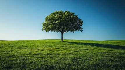 A single tree standing alone in the middle of a vast green field under a clear blue sky 