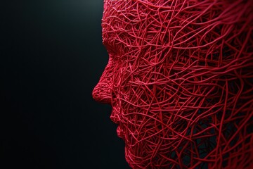A striking red wire sculpture representing a human head, showcasing intricate details and a unique perspective on emotions and identity.