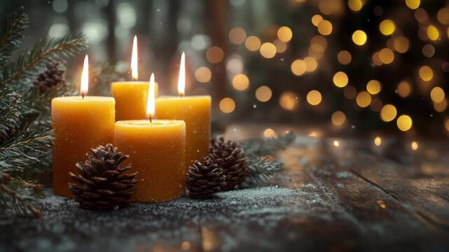 Four burning candles with festive bokeh lights. Advent Christmas banner