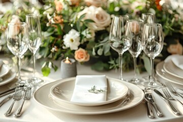 Elegant Table Setting with White Plates and Flowers