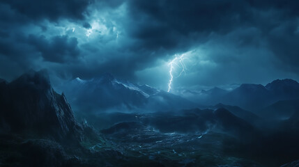 Naklejka premium Dramatic night thunderstorm over mountain range with intense lightning striking through dark clouds and rugged landscape