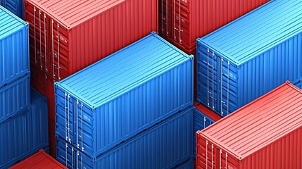 Fototapeta premium Colorful stacked shipping containers in red and blue. Perfect for illustrating logistics and trade concepts against a vibrant background.