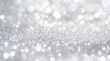 White glitter background with shiny silver sparkles, seamless pattern for wedding invitation or holiday party design. Glitter texture, sparkling stars on white paper surface.