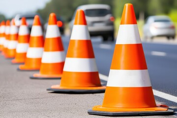 Traffic cones lined up on a road, providing safety and direction for vehicles. Bright orange and white colors create visibility in construction zones.