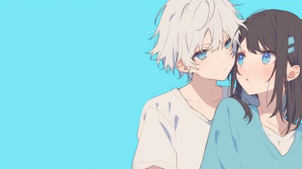 Fototapeta premium Charming anime boy with white hair and blue eyes kissing a cute girl with short black straight hair, set against a romantic backdrop