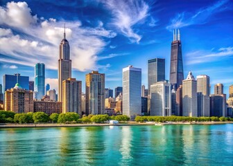 Fototapeta premium Stunning Chicago Downtown Skyline with Modern Buildings Reaching Toward a Clear Blue Sky