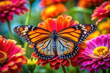 Fototapeta premium Stunning Close-Up of a Beautiful Real Butterfly Perched on a Vibrant Flower in Nature's Garden