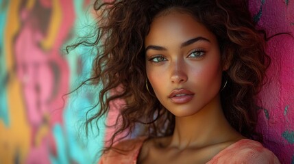 Contemporary fashion model posing in front of a colorful graffiti wall in urban setting 