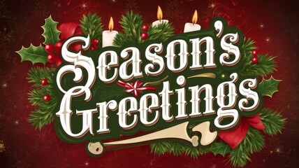 Text Season's Greetings with Festive Holly, Ornaments, and Candles