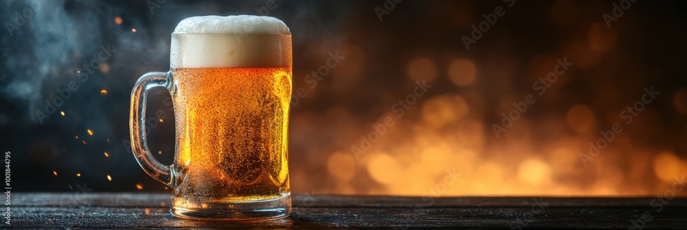 Poster a close-up of a frothy beer mug overflowing with foam on a rustic wooden table, perfect for a cozy g