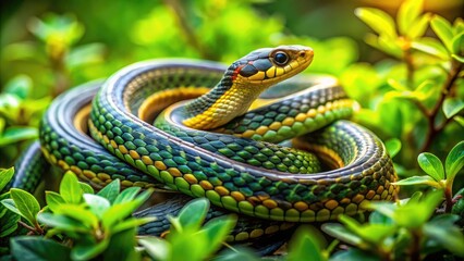 Fototapeta premium Stunning Coluber Hippocrepis Snake Coiled Among Green Leaves in Natural Habitat Captured in Detail