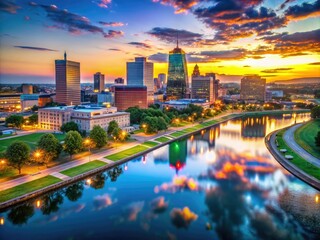 Fototapeta premium Stunning Dayton Skyline at Dusk with Vibrant Colors Reflecting on the Still Water Below