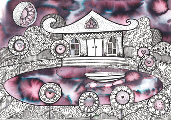 Cartoon fantasy landscape painted with watercolor and black patterns on white background for graphic design