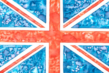 United Kingdom flag hand painted with watercolor paint with water drops as rainy weather concept in England for graphic tourism design.