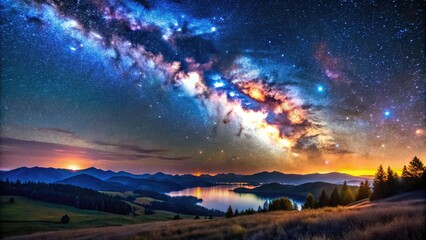 Fototapeta premium Stunning Night Sky with Stars and Milky Way Galaxy Over Serene Landscape in Tranquil Darkness
