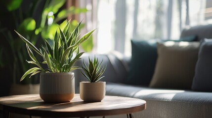Cozy Living Room with Houseplants on Wooden Table
