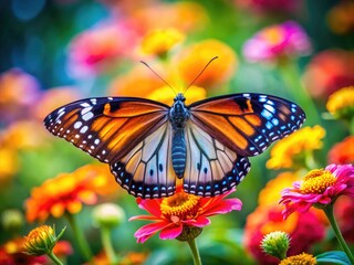 Fototapeta premium Stunning Realism Butterfly on Colorful Flower Petals Captured in Nature's Vibrant Setting