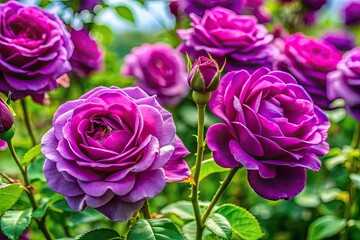 Obraz premium Stunning Purple Roses in Bloom with Soft Petals and Lush Green Leaves Against a Gentle Background