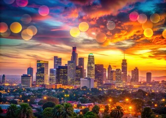 Obraz premium Stunning Silhouette of Los Angeles Skyline Against a Colorful Sunset Sky with Cityscape Dreaminess