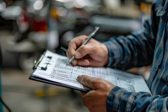 car mechanic holding a clipboard with a form for the location and numbers of car equipment, fixing or maintaining a vehicle engine at an auto repair shop service center