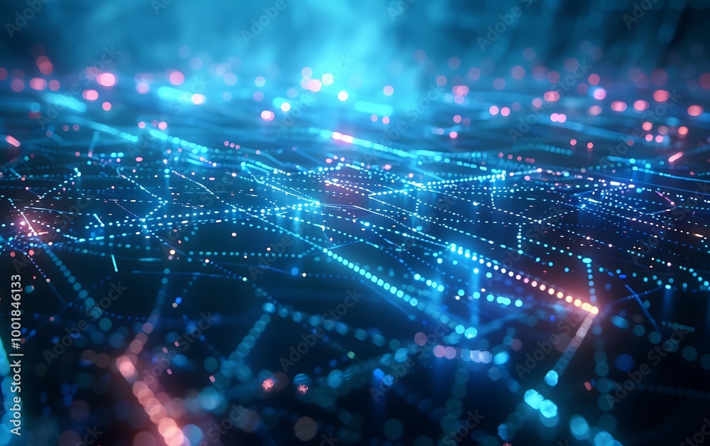 Poster digital concept art of futuristic network matrix with glowing blue nodes