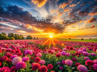 Fototapeta premium Stunning Sunrise Over a Vibrant Flower Field with Soft Morning Light Illuminating the Landscape