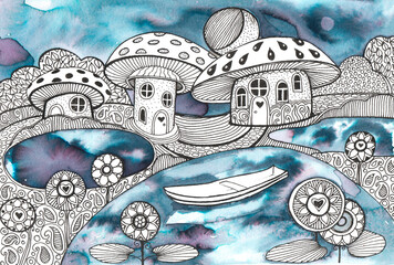 Cartoon fantasy landscape with houses mushrooms painted with blue watercolor and black patterns on white background for graphic design