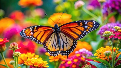 Naklejka premium Stunning Viceroy Butterfly Resting on Colorful Flowers in a Lush Green Garden Setting