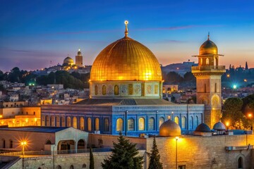 Fototapeta premium Stunning View of the Golden Dome in Israel Against a Clear Blue Sky with Ancient Architecture Surrounding