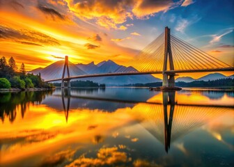 Fototapeta premium Stunning view of the Golden Ears Bridge at sunset reflecting in the calm waters of the river