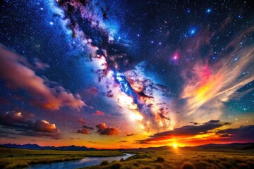 Fototapeta premium Stunning View of Space and Horizon Blending Together in a Cosmic Landscape of Stars and Colors