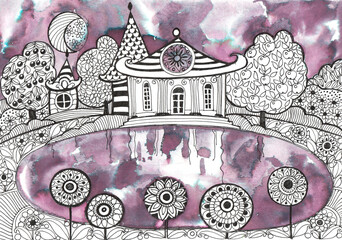 Cartoon fantasy landscape painted with watercolor and black patterns on white background for graphic design.