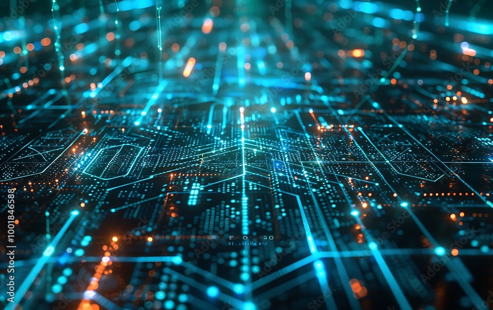 Poster digital concept art of futuristic network matrix with glowing blue nodes