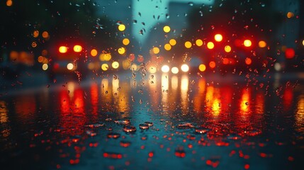 Raindrops on a car window with blurred city lights in the background 