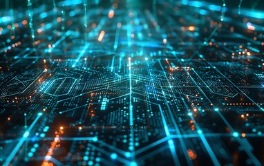 Obraz premium Digital Concept Art of Futuristic Network Matrix with Glowing Blue Nodes