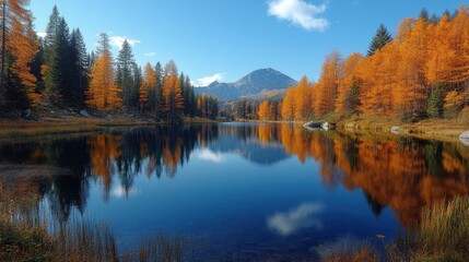 Fototapeta premium Scenic view of a quiet lake surrounded by autumn trees with reflections on the water 
