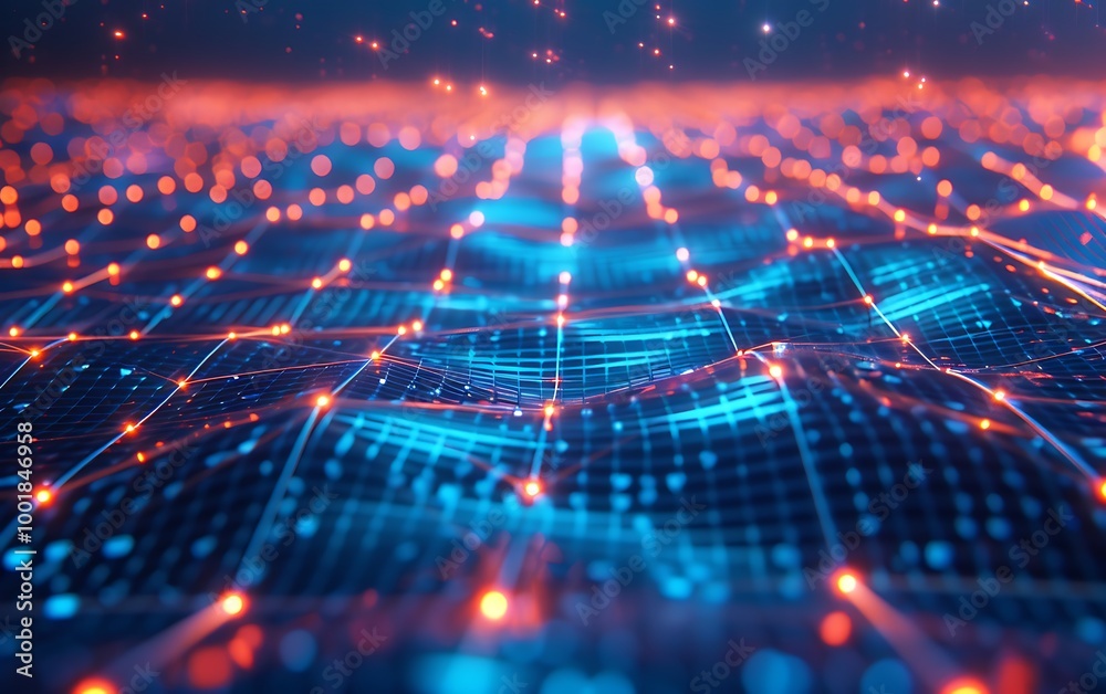 Poster Digital Concept Art of Futuristic Network Matrix with Glowing Blue Nodes