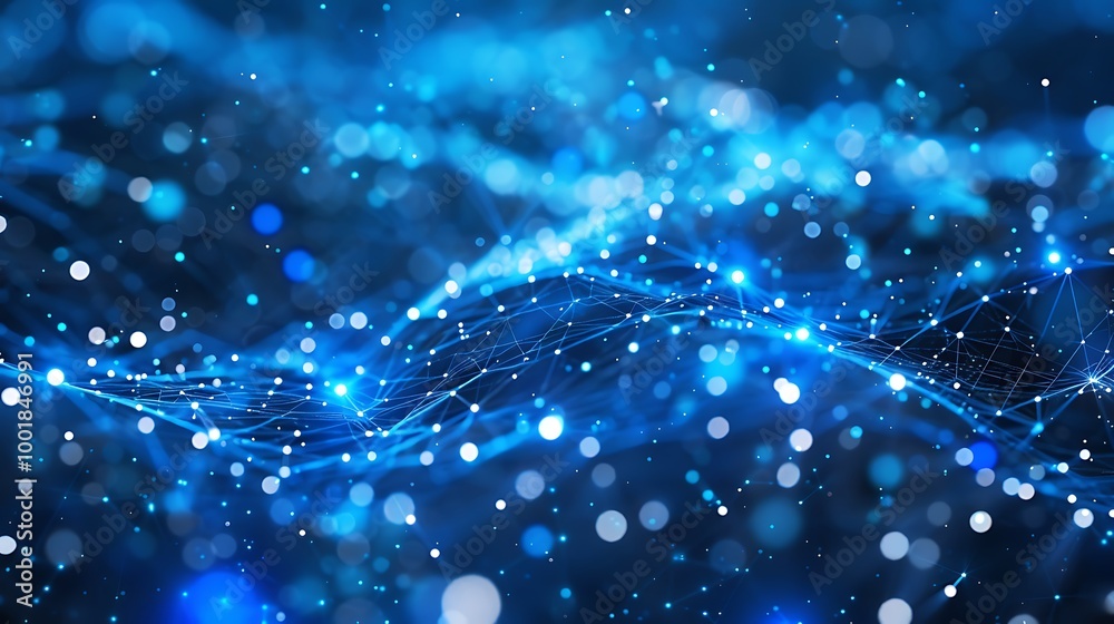 Poster Network Technology Background with Glowing Blue Particle Clusters and Web Lines