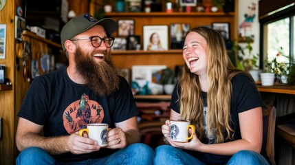 A young couple sits side by side in their cozy living room, each holding a mug of hot coffee. They share a joyful moment filled with laughter, surrounded by personal touches and greenery