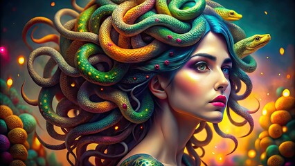 Naklejka premium Surreal Concept of Snakes as Hair Creating an Intriguing and Captivating Visual Experience