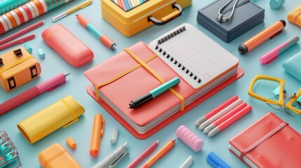 3D rendering of a collection of school supplies like markers, notebooks, and a lunchbox, highlighting student learning.