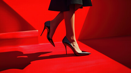 sophisticated black high heels on red carpet event, glamorous high fashion statement. edgy heels campaign with model wearing heels on red carpet. Red carpet concept
